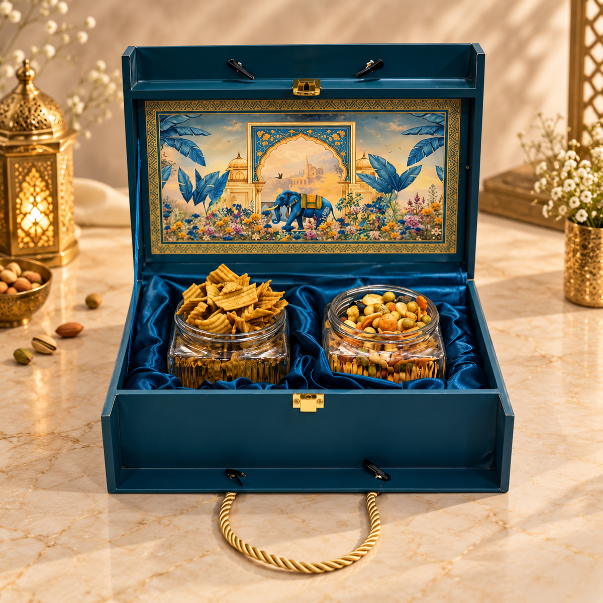Royal Blue Elephant Heritage Dry Fruit & Snack Gift Box| 400-600g Assorted Dry Fruits | Housewarming, Weddings & Celebrations