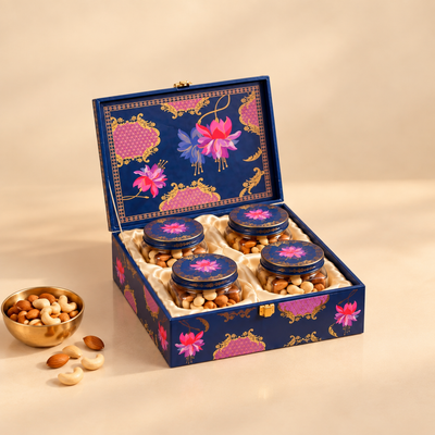 Royal Blue Lotus Heritage Dry Fruit Gift Box | 600-800g Assorted Dry Fruits, 4 Jars | Diwali & Wedding Gift Hamper