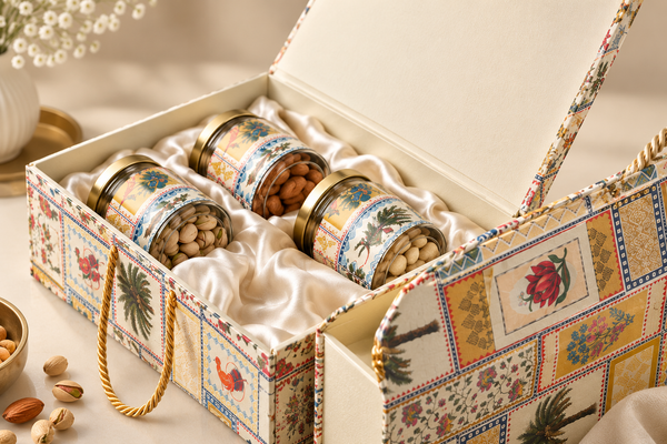 Royal Heritage Floral Gift Box | 300-600g Assorted Dry Fruits, 4 Jars | Diwali & Weddig Gift Hamper
