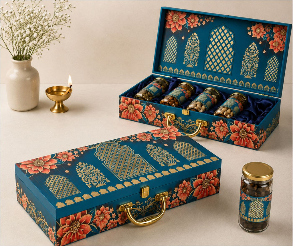 Floral Blue Dry Fruit Gift Box with 5 Glass Cylinder Jars