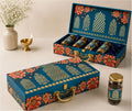 Floral Blue Dry Fruit Gift Box with 5 Glass Cylinder Jars