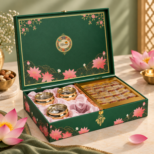 Floral Lotus Print MDF Hamper Box with 4 Glass Jars & 16-Cavity Tray