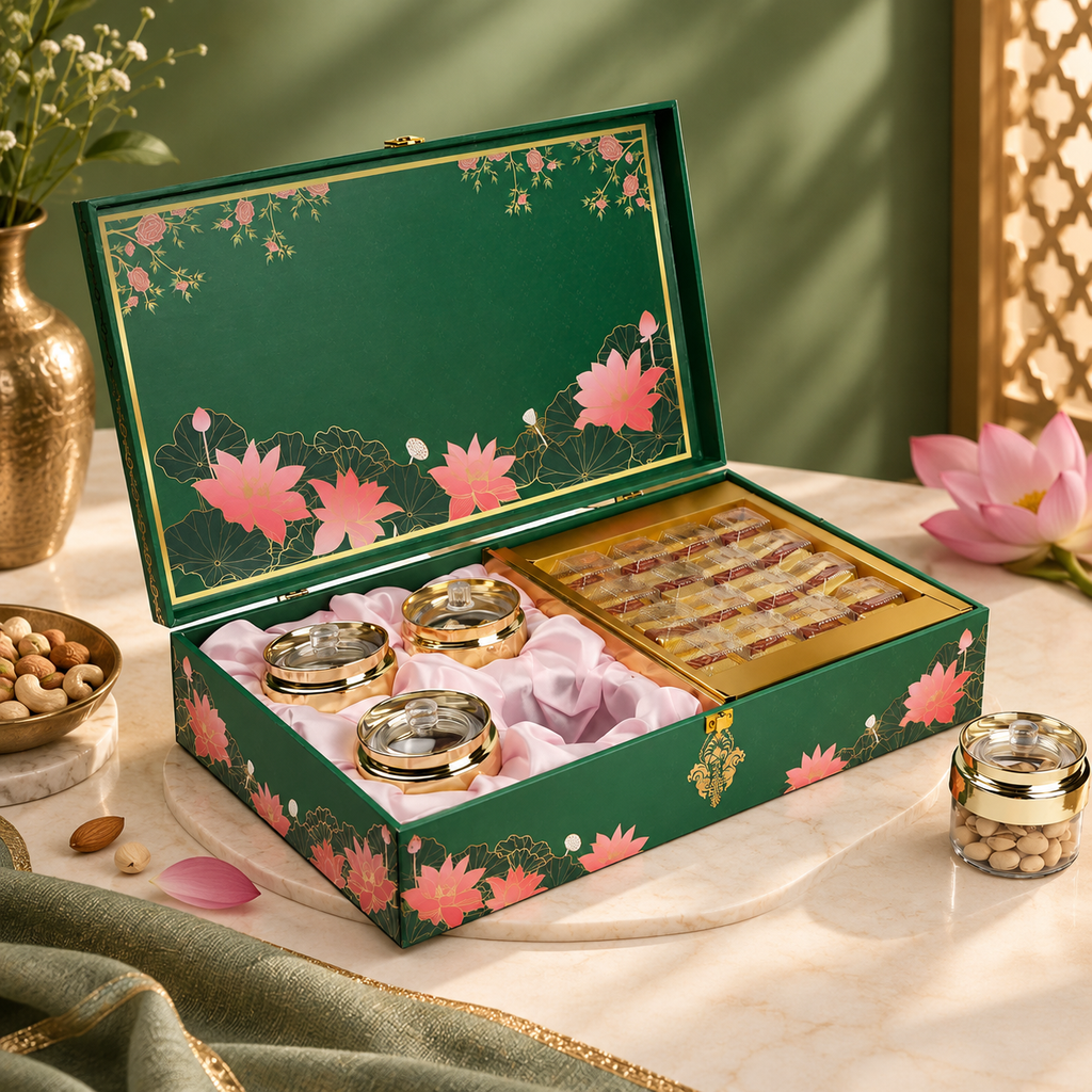 Floral Lotus Print MDF Hamper Box with 4 Glass Jars & 16-Cavity Tray