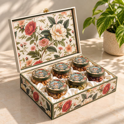 Floral Royale Fancy Dry Fruit Gift Box | 1000-1200g Assorted Dry Fruits, 6 Glass Jars | Diwali & Anniversary Gift Hamper