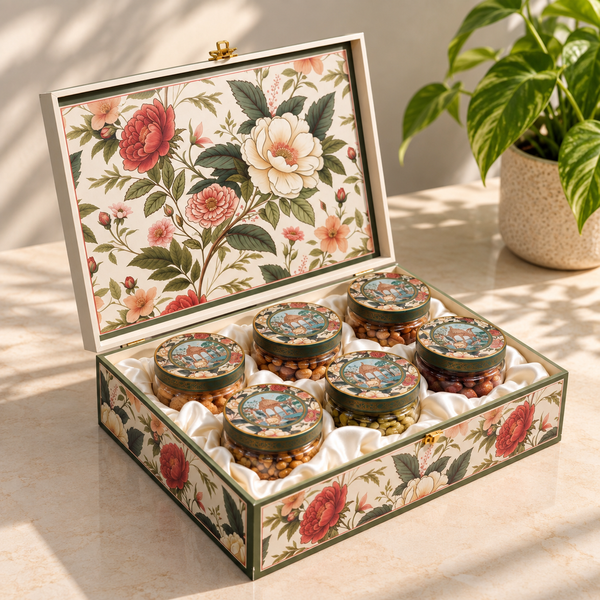 Floral Royale Fancy Dry Fruit Gift Box | 1000-1200g Assorted Dry Fruits, 6 Glass Jars | Diwali & Anniversary Gift Hamper