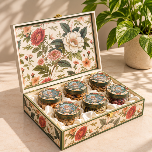 Floral Royale Fancy Dry Fruit Gift Box | 1000-1200g Assorted Dry Fruits, 6 Glass Jars | Diwali & Anniversary Gift Hamper