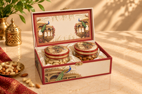 Royal Peacock Haveli Gift Box | 400-600g Assorted Dry Fruits, 2 Jars | Wedding & Special Occasions