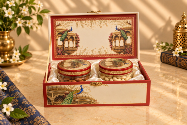 Royal Peacock Haveli Gift Box | 400-600g Assorted Dry Fruits, 2 Jars | Wedding & Special Occasions