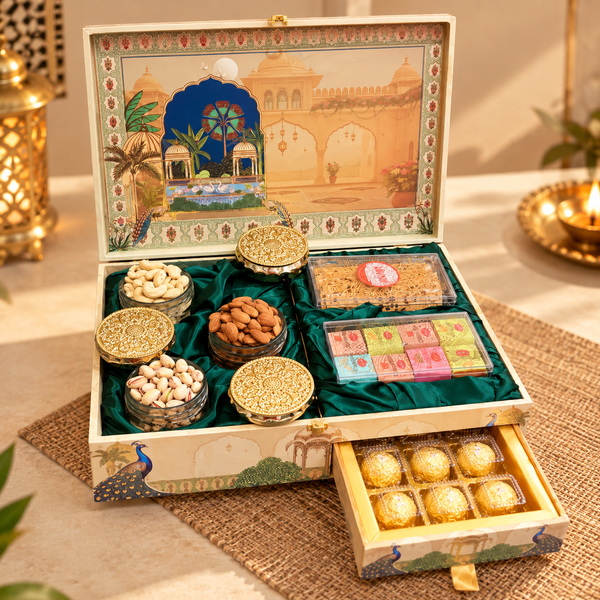 Royal Haveli With 3 Glass Jars And 2 Saloni Boxes & 9 Cavity Tray