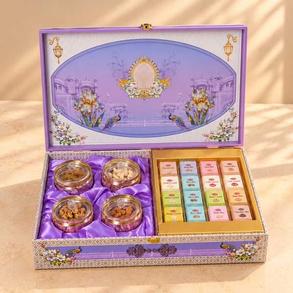 Royal Peacock Mehaad Gift Hamper | Assorted Dry Fruits, 4 Jars & 16-Cavity Tray | Diwali and Wedding Gift Box