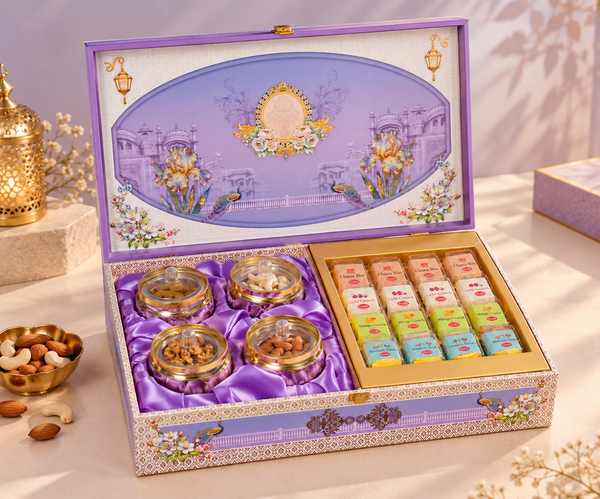 Royal Peacock Mehaad Gift Hamper | Assorted Dry Fruits, 4 Jars & 16-Cavity Tray | Diwali and Wedding Gift Box