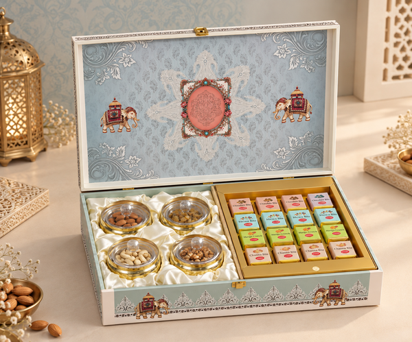 Royal Elephant Heritage Hamper Box | Assorted Dry Fruits, 4 Glass Jars & 16-Cavity Tray | Diwali & Wedding Gift Hamper