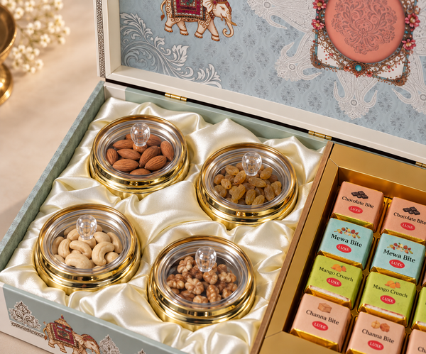 Royal Elephant Heritage Hamper Box | Assorted Dry Fruits, 4 Glass Jars & 16-Cavity Tray | Diwali & Wedding Gift Hamper