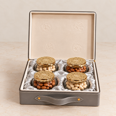 Imperial Grey Faux Leather Dry Fruit Box | 600-800g Assorted Dry Fruits, 4 jars | Diwali & Corporate Gifting