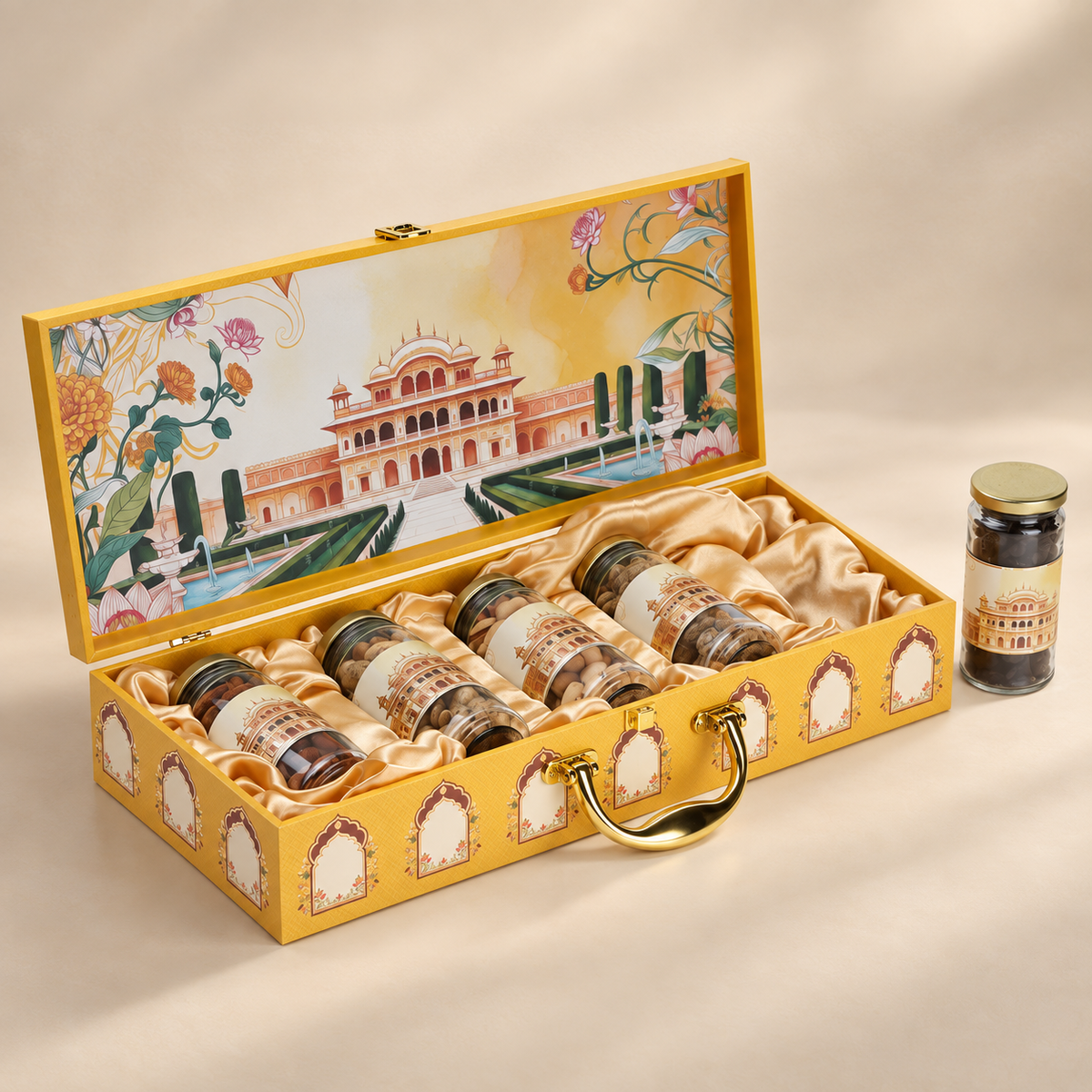Pichwai Palace Print Dry Fruit Gift Box with 5 Cylinder Glass Jars